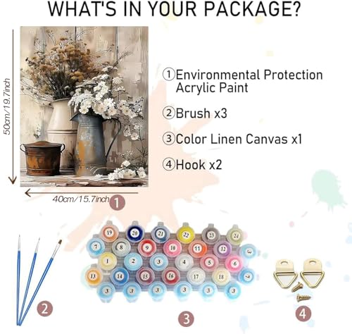 MBNTJHT Flowers Paint by Numbers Kit for Adults Beginners,Floral in Tin Cans Paint by Number Kits for Adults,Unframed Watercolor Painting Art Crafts for Home Wall Decor 16X20 Inch. - color: MT21502