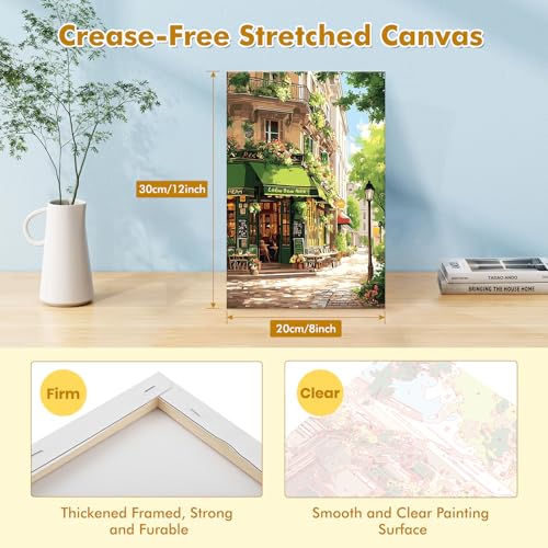 Bowetile Framed Street Cafe Paint by Numbers Kit for Adults, Adults' Paint-by-Number Kits on Canvas, Painting by Numbers Spring, DIY Acrylic Number Painting for Home Wall Decor, 8x12in - color: Street Cafe