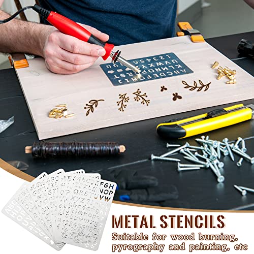 Lewtemi 6 Pcs Metal Wood Burning Stencils, Letter Style Letters Numbers | Engraving Templates for Journaling Crafts, Uppercase Lowercase Symbols, Reusable in Wood Carving Scrapbooking Projects - style: Letter Style