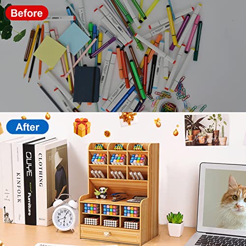 Marbrasse Wooden Desk Stationary Organizer, Multi-Functional Pen Holder, Storage Rack for School Home Office Art Supplie (B16-Cherry Color) - color: B16-Cherry Color