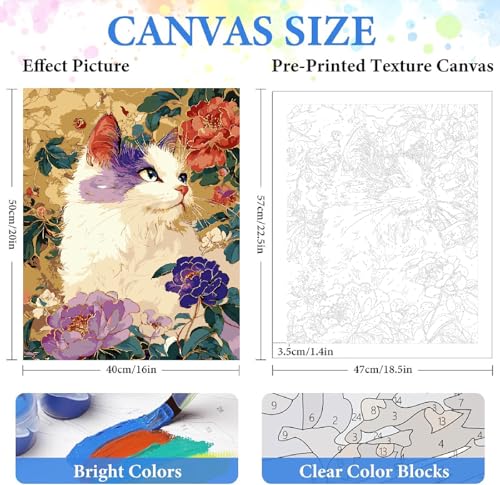 ZRIZQ Cat Paint by Numbers Kit for Adults Beginner,Flowers,16x20 | Full set with wooden brushes,rolled canvas,rich paints.Calming activity.Beginner friendly.Just open and paint. - color: 16"X20"Rolled Canvas(Frameless)-Cat 9