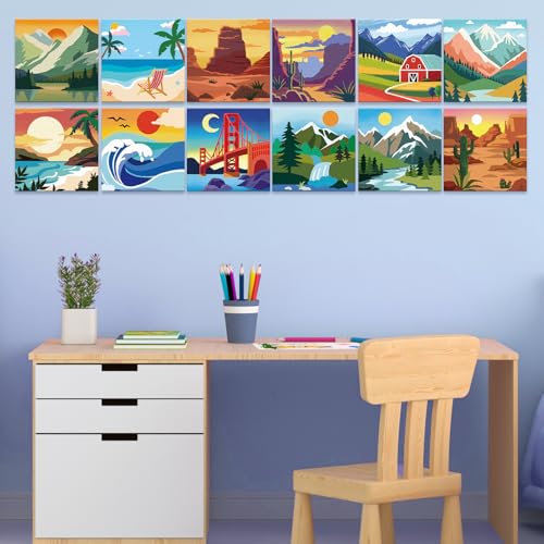 Anseal 12 Packs Pre Drawn Canvas to Paint, 4" X 4" Landscape Pre-Printed Canvas Paint Party for Adult, Stretched Outline Painting Boards for Beginners, Party Favor - style: Landscape