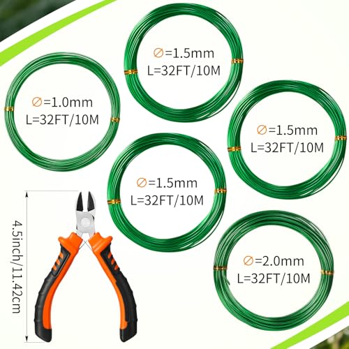 Mudder 5 Roll Bonsai Training Wire Aluminum 1/1.5/2.0mm Green | Anodized Coating Resists Rust, 160 Ft for Branches, Includes Cutter, Flexible Cable Holds Shape, For Bonsai Tree Training - color: Green, size: 1/1.5/2.0mm