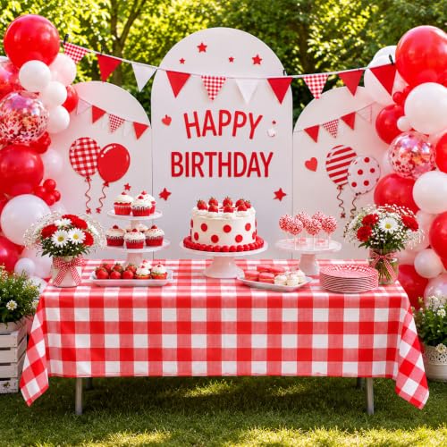 Blue Orchards Red Gingham Table Cover (Pack of 3 with 20 Glue dots) - 54"x108" XL - Red and White Checkered Picnic Plaid Tablecloth, Plastic Rectangle Decoration for Outdoor Birthday Party Supplies - color: Red Gingham (Pack of 3)