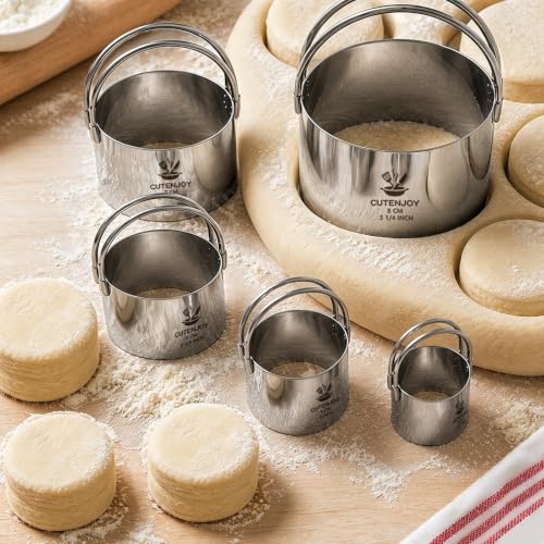 Cookie Cutters, 5 Pieces Round Biscuit Cutter Set with Handle | Dishwasher-Safe, Comfortable Grip, Professional Baking Dough Cutter Tools for Thick Dough, Biscuits & Fondant - size: 5 Sizes Round Cutters With Handle