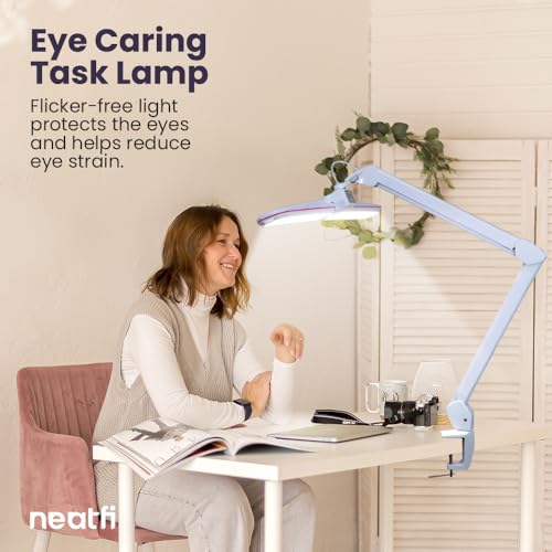 Neatfi Elite HD XL LED Desk Lamp | 3 Light Modes | Non-Polar Dimming | 17 Inches Wide | Eye-Caring Desk Light for Home Office, Drafting, Beauty Shop, Workbench (Pink Ring, CCT with Clamp) - color: Pink Ring
