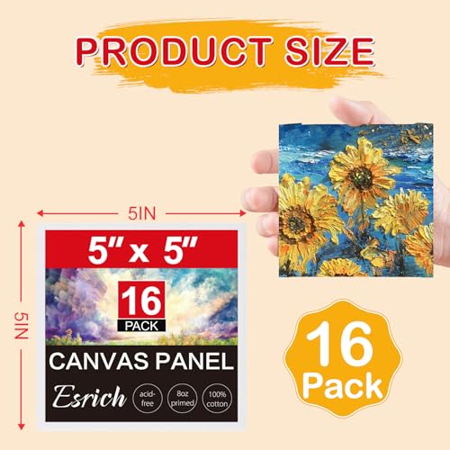 ESRICH Canvas Boards for Painting, 16 Pack Canvases 5x5 100% Cotton Small Paint Canvas Primed Acid Free Mini Blank Canvas Panels for Oil, Watercolor, Acrylic, Gouache & Tempera - size: 5x5in 16pack