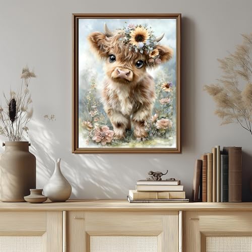 Highland Cow Diamond Art Kits for Adults,Retro Flowers Diamond Painting | Diamond Art Kit for Beginners, 5D DIY Full Drill Diamond Painting Gem Art, Home Wall Art Gifts(12x16 inch) - color: DP03966