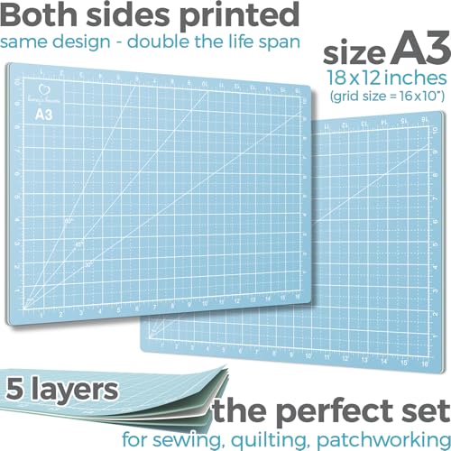 Rotary Cutter Set turquoise - Quilting Kit incl. 45mm Fabric Cutter, 5 Replacement Blades, A3 Cutting Mat, Acrylic Ruler and Craft Clips - Ideal for Crafting, Sewing, Patchworking, Crochet & Knitting - color: Turquoise, size: A3 (18" x 12")