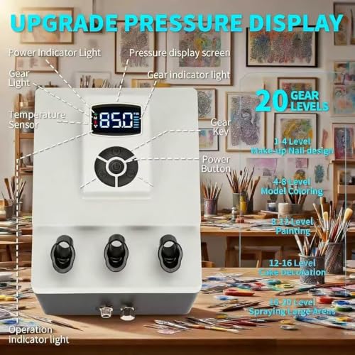 85 PSI Digital Airbrush Compressor - Professional Tankless Air Brush Compressor Only, Dual-Port Quiet 45dB High Pressure Pump with Auto-Stop for Model Painting, Cake, Nail Art (No Gun Included) - size: 85 PSI