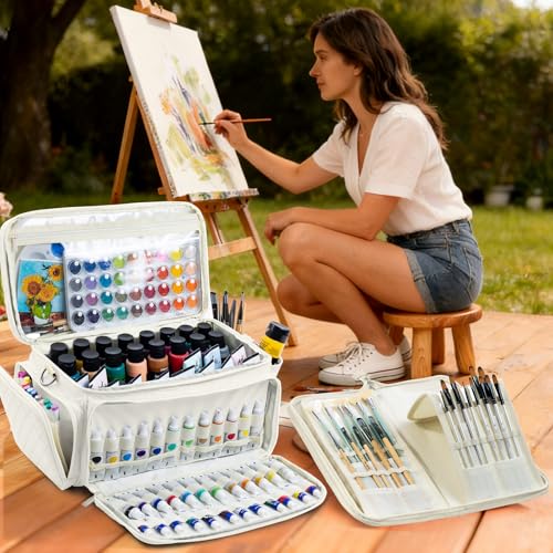 SFYBYHEART Quilted Acrylic Paint Organizer Bag with 13" Brush Holder Case, Art Supply Storage Bag with Foam Inserts for Bottles & Tubes, Large Craft Paint Organizer for Artists - color: Ivory