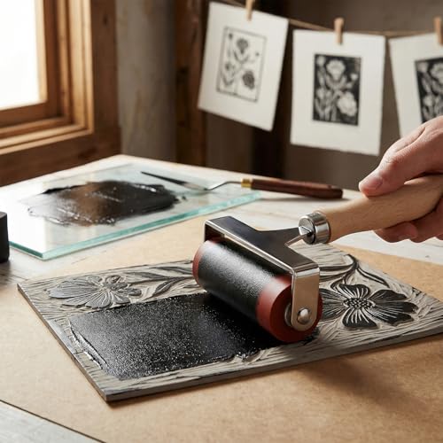 QWORK Soft Rubber Brayer, 3 Inch Printmaking Roller Tool for Block Printing and Gel Plate Crafts, Steel Frame Non Slip Handle Compatible with All Inks