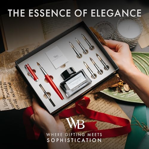 Wordsworth & Black Luxury Calligraphy Pen Set for Writing, 6 Nibs, Red | Fountain Ink Bottle, Cartridges & Refill Converter, Refillable, Red, High End Gift for Men & Women, Journaling & Lettering - color: Red Chrome