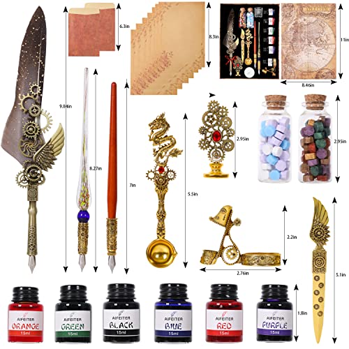 Aifeiter Feather Pen Ink Set - 6 Bottles of Ink, Quill Pen, Glass & Wooden Dipping Pens, 8 Sheets of Writing Paper, Envelope, Wax Granules, Round Wax, Seal, Spoon, Pen Holder (Grey) - color: Grey