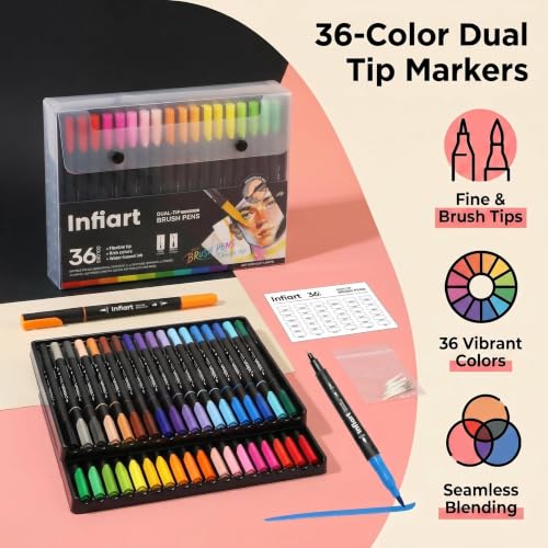 36 Colors Dual Tip Paint Markers, Water-Based Pen with Fine Tip and Brush Tip, Art Pens for Coloring Books, Calligraphy, Sketching, Journaling, Drawing for Adults Art Supplies and DIY Crafts - color: 36 Colors