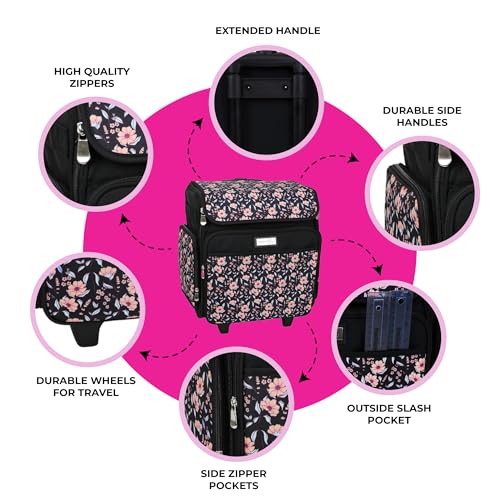 Everything Mary Rolling Scrapbook Tote – Black & Floral Trim Foldable Craft Organizer Tote for Scrapbooking Supplies, Art Tools, Paper & Accessories – Portable Storage Bag - color: Flowers/Black