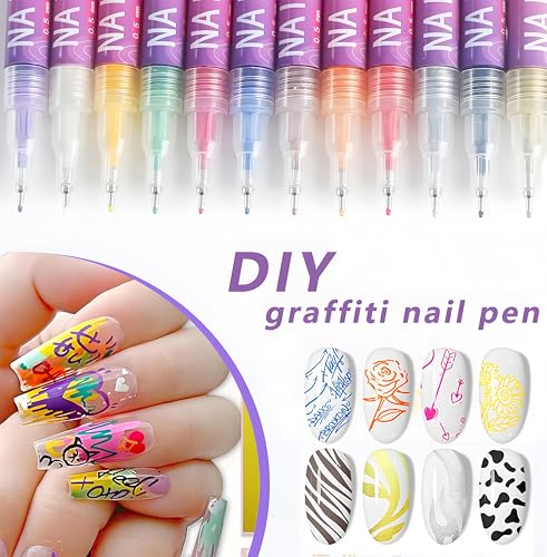 12 Colors Nail Art Pens, 0.5mm Fine Tip Nail Art Makers for DIY Nail Art, Detailing & Decoration, Intricate Line Drawing, Dotting & Nail Art, Salon Home Nail DIY Kit - color: Multicolor B