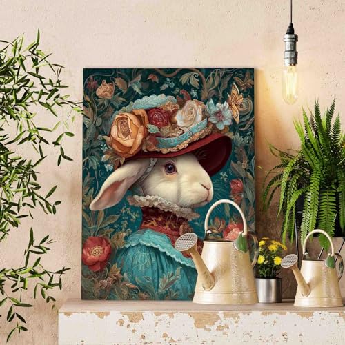 Aihonmin Victorian Rabbit Paint by Numbers for Adults Beginner Animals Bunny Oil Painting Kits on Canvas with Brushes and Acrylic Painting Vintage Crafts DIY Home Wall Decor 16X20 Inch (Frameless) - color: Hat Animal-14, size: 16''x20''(Frameless)