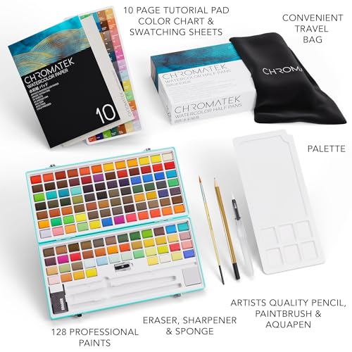 CHROMATEK Watercolor Paint Set – 128 Vibrant Colors for Artists & Beginners with Palette – Includes Metallic, Fluorescent, Pastel & Opaque Shades, Brushes, Pad, Swatch Sheets & Travel Case - color: Assorted