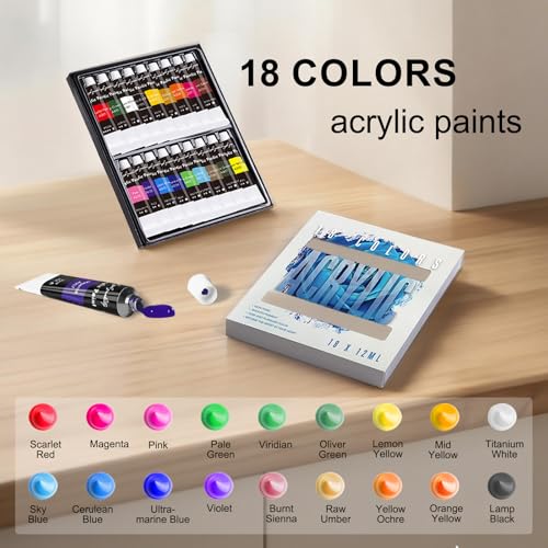 Acrylic Paint Set for Kids & Adults with Canvas, Easel & 18 Paints | 18 acrylic paints, 8 brushes, 5 canvas panels, and a portable easel for painting at home, school, or on the go - color: 18color+35pcs -02