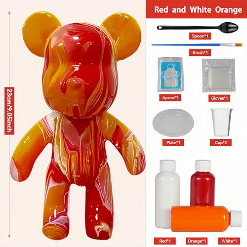 YONXID DIY Fluid Bear Painting Kit - Fluid Art Pour Paint Bear Set - Full Drip Paint Bears Kit with Spill Tray & Apron for Family Activity, Date Night, and Holiday Gifts, 9.05 Inches, Red+White+Orange - color: Red+White+Orange(Easy DIY)