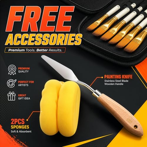 DUGATO Paint Brush Set 15pc with Pop-Up Case, Palette Knife & Sponges - color: Yellow