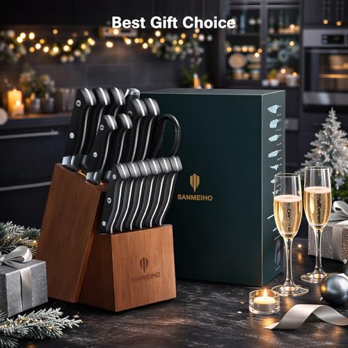 16 PCS Japanese Kitchen Knife Set with Block, Dishwasher Safe | 5 Layers High Carbon 9Cr18Mov Stainless Steel, Ultra-Sharp Professional Chef Cooking Knives Set with Ergonomic Handle - color: 16PCS Knife Set