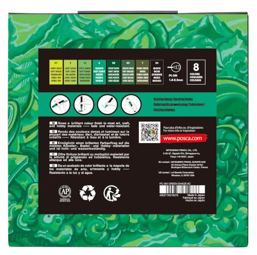 posca® PC-5M Water-Based Paint Markers, Medium Reversible Tip (1.8–2.5 mm), 8 Count Green Shade Colors - color: Green