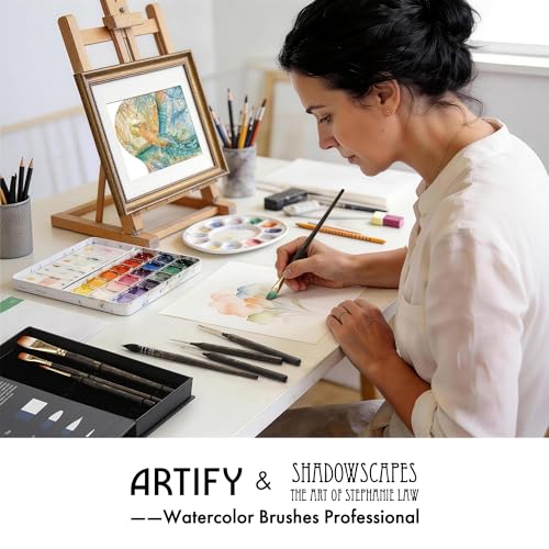 Artify Watercolor Brushes - Collaboration with Painter Stephanie Law, 8Pcs Watercolor Brush Set Professional Bionic Hair, High Paint Capacity & Tip Retention, Round, Detail, Filbert, Quill Brushes