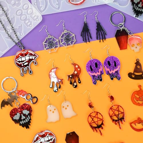 Resin Earring Mold with Hole, 3Pack Halloween Earring Casting Molds | Skull Bat Witch Bat Pumpkin Spooky Ghost Hand Shaped Earring Silicone Mold for Resin Casting Pendant Keychain Jewelry Gift - color: 3 PCS Halloween Resin Molds with Holes