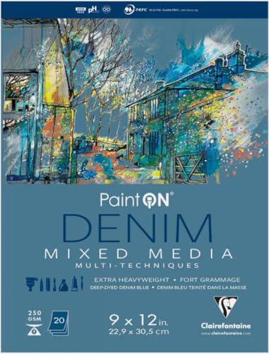 Clairefontaine - Ref 975385C - Paint'ON Mixed Media Denim Glued Pad (20 Detachable Sheets) - 22.29 x 30.5cm (9 x 12in), 250gsm Heavyweight Paper (USA Version) - color: denim, size: 9 x 12 inches