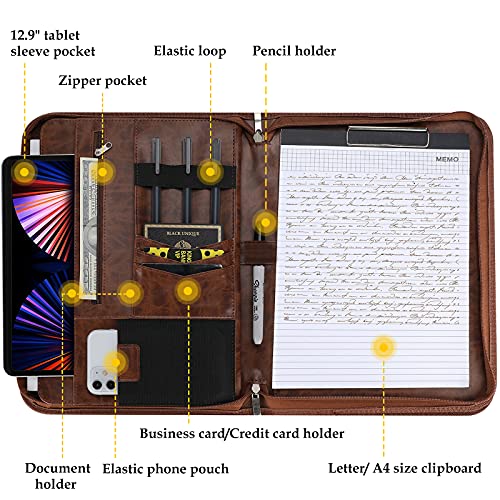 ProCase Portfolio Business Padfolio Folder with Zipper -Brown | Conference Meeting Executive File Legal Document Organizer with Pockets Letter Size A6 Writing Pad Notepad Padfolio - color: Brown