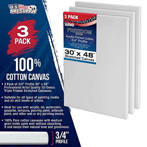 U.S. Art Supply 30 x 48 inch Stretched Canvas 12-Ounce Triple Primed, 3-Pack - Professional Artist Quality White Blank 3/4" Profile, 100% Cotton, Heavy-Weight Gesso - Acrylic Pouring, Oil Painting - size: 30" x 48"