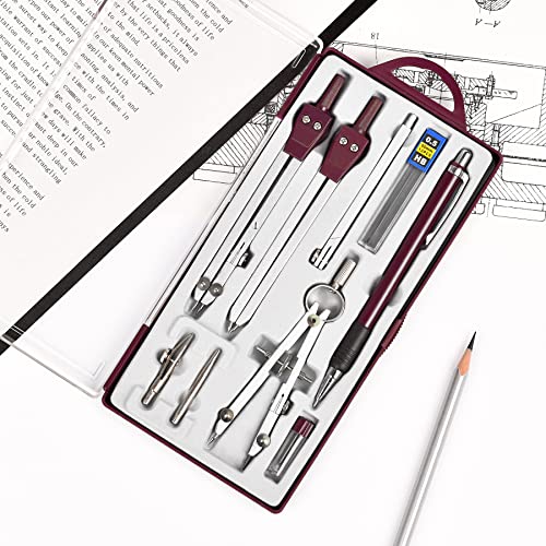 Unjoo 9Pcs Precision Geometry Set Metal Compass,Geometry Tool Set (Brown) | Shatterproof Storage Box, Circle Drafting Tool and Architecture, Drafting Kits for Engineers Students - color: 9pcs-red
