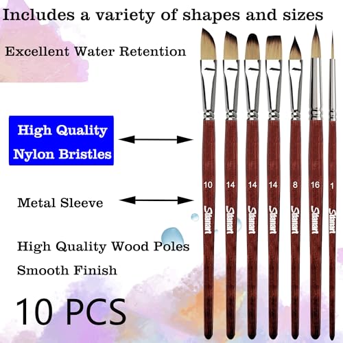Sdanart Watercolor Brushes Professional,10 PCS Artist Paint Brush Shapes | Shape Including Pointed Rounds, Flats,Filbert,Cat's Tongue Oval Wash,Dagger,Suitable for Acrylics Water Color Oil Gouache Ink
