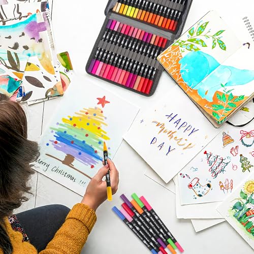 ZSCM 100 Colors Markers for Adult Coloring Books No Bleeding - Duo Tip Pens | Fine & Brush Coloring Marker for Adult Calligraphy, Illustration, Cards Drawing, Note taking Lettering, Journaling - color: 100 Colors