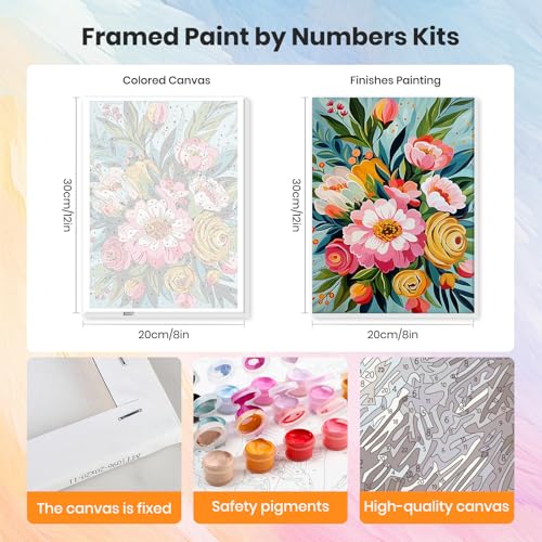 HEIBAGO Framed Paint by Numbers Kit Flowers for Adults, Paint by Numbers for Adults Beginner, Adult Paint by Number Kits on Canvas, DIY Painting by Numbers for Gift Home Wall Decor 8 x 12 Inch - color: Flowers-1