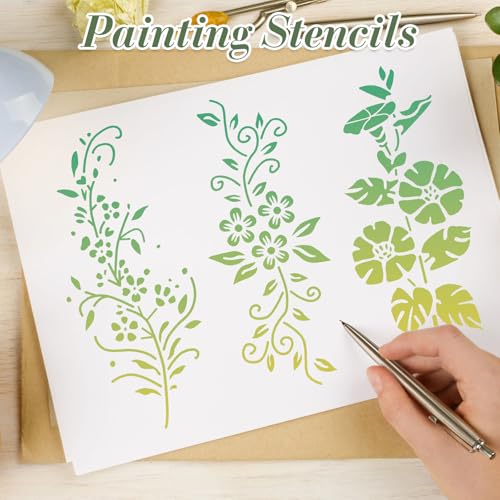 Flower Stencils for Crafts Reusable 15Pcs Stencils(11.8X5.9 Inch) | DIY Art Painting Stencil Furniture Decor Kit for Wood Embroidery Wall Silk Screen Journaling - color: Flower