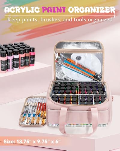 Marscamd Acrylic Paint Organizer Holds 60 Bottles (2 oz), Acrylic Paint Bag | with Tools Storage Sections & Crossbody Strap, Water-repellent fabric, Aluminum-lining, Pink - color: Pink