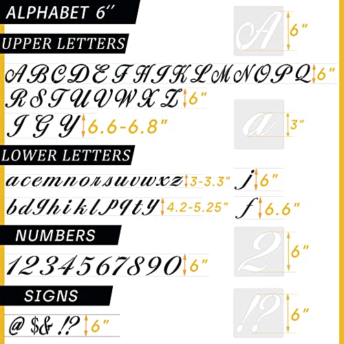 6 Inch Letter Symbol Stencils for Painting on Wood, 65 Pcs Alphabet Drawing Templates with Calligraphy Large Font and Cursive Letters Numbers Signs, Reusable Plastic Art Craft Stencils - size: 6 Inch