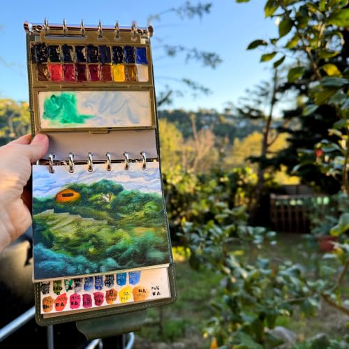 Travel Watercolor Sketchbook with Ceramic Palette- 100% Cotton Hot Press 5.1x4.3 Inch 20Sheets Binder Art Journal with 18 Empty Paint Grids & Travel Watercolor Brushes for Artists Outdoor Painting - color: Olive Green