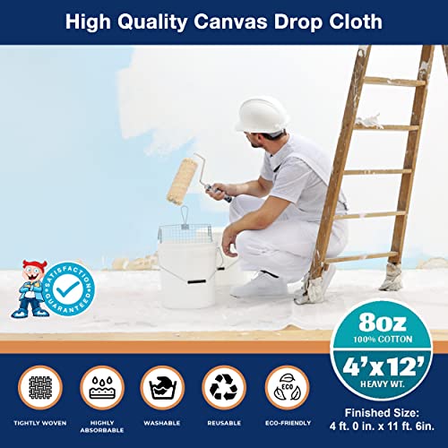 Canvas Drop Cloth for Painting 4X12 ft – All Purpose Canvas Tarp for Floor & Furniture Paint Protection – Painters Drop Cloth Curtains –8 Oz. Seamless Canvas Fabric Painting Supplies for Home TUFFBOY - color: 8 Oz - Heavy Grade