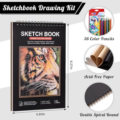 A5 Sketchbook Kit with 36 Colored Pencils, Spiral Pad, 5.8 x 8.3 in | 30 sheets, 100gsm acid-free paper, hardcover backing, perforated pages, for sketching and dry media - size: 5.8x8.3 inch Kit