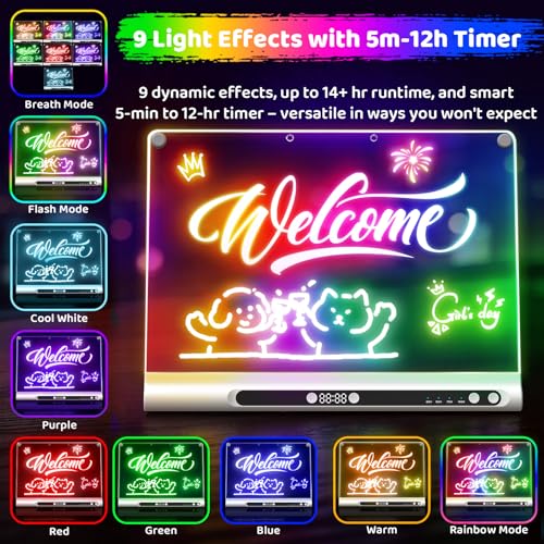 Geokay 16“ Rechargeable LED Drawing Board, 9-Color Light Modes with Timer | Birthday Christmas Gift Idea for Girls/Kids/Boys/Teens, Neon Glow Dry Erase, Built-in Stand with 6 Markers & Tracing Book - color: White