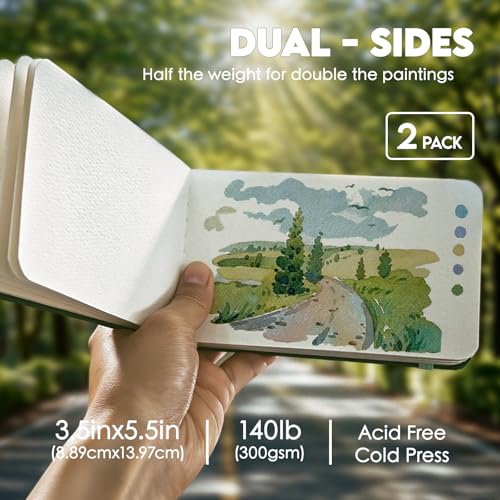 KOVIEDE 5.5"x3.5" Watercolor Journal, 140LB/300GSM 100% Cotton Water Color Sketchbook, Acid-Free Cold Press Watercolor Paper Pad Mixed Media, 2 Pack, 26 Sheets / 52 Pages Each - color: Green - 2P, size: 5.5"x3.5"