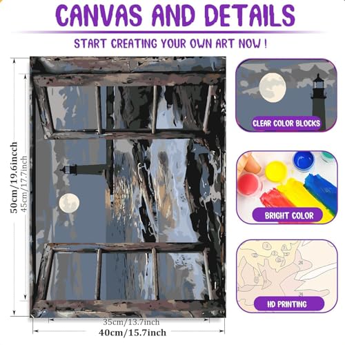 Clendo Paint by Numbers Kit for Adults- Lighthouse Adult Paint by Number Kits on Canvas for Beginners, DIY Beach Scene Acrylic Oil Number Painting Kits for Home Wall Decor 16"x 20" (Without Frame) - color: MT21194