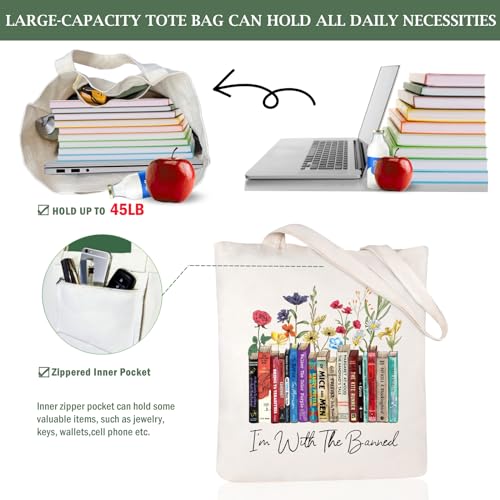 Canvas Aesthetic Tote Bag for Women with Inner Pocket Totes Shoulder Book Bag Shopping Reusable Grocery Bags - color: I'm With the Banned Tote Bag