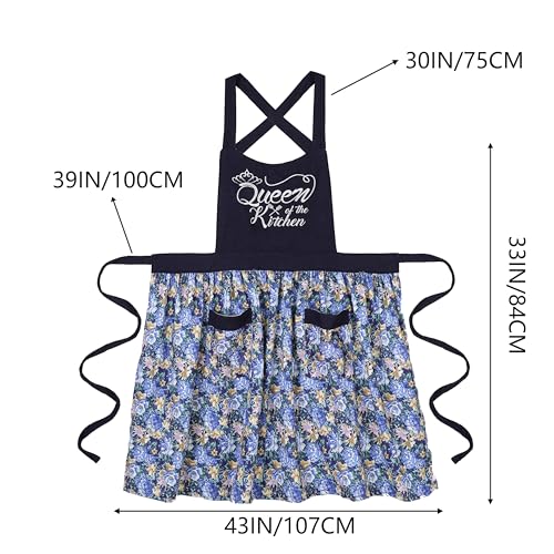 Cute Floral Apron for Women with Pockets, Cotton, Adjustable Straps - color: Navy Blue
