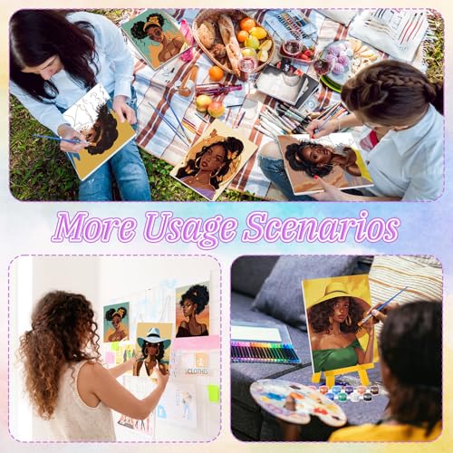 Blosssound 10 Set Pre Printed Canvas Pre Drawn Canvas Painting with Easel Kits 5" x 7" Outline Painting Panels for Beginners, DIY Craft Project, Home Decors(Black Women) - style: Modern