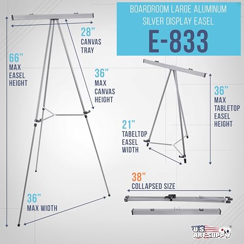 U.S. Art Supply 66" High Classroom Silver Aluminum Flip Chart Easel & Presentation Stand - Adjustable Floor/Tabletop, Portable Tripod, Holds 25 lbs., for Chart Paper, Poster Boards, & Pads